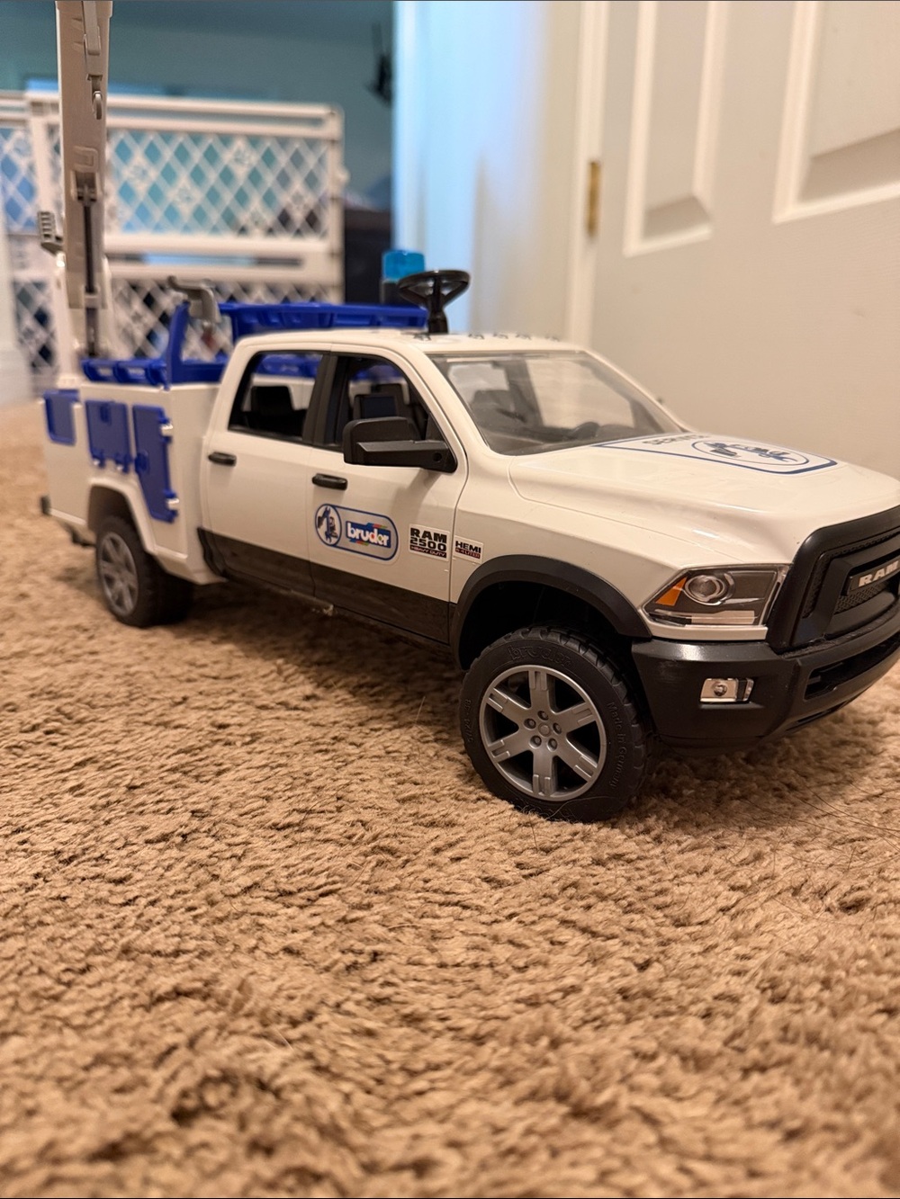 Bruder White and Blue Kids Service Truck with Crane Playset